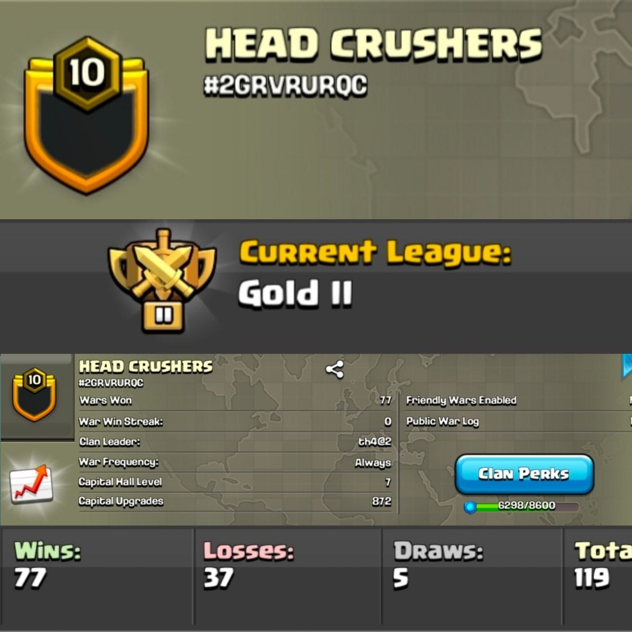 Level 10 clan || clan capital 7 || gold 2 || warlog 77-37 || name - HEAD CRUSHERS