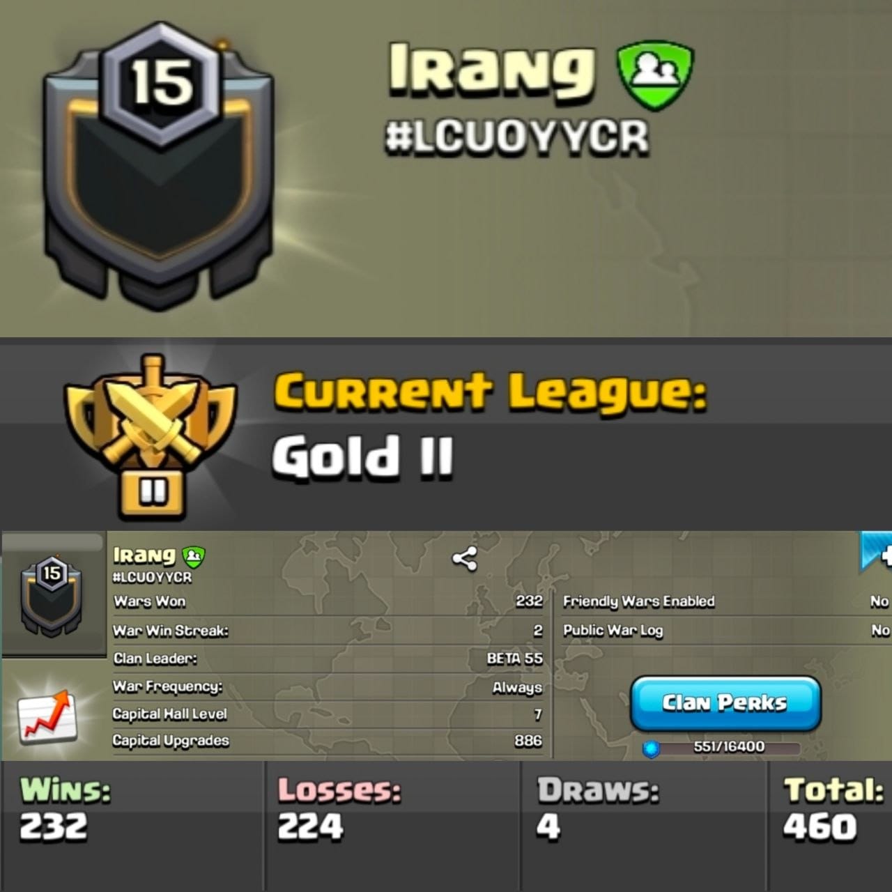 Level 15 clan || clan capital 7 || gold 2 || warlog 232-224 || name - Irang