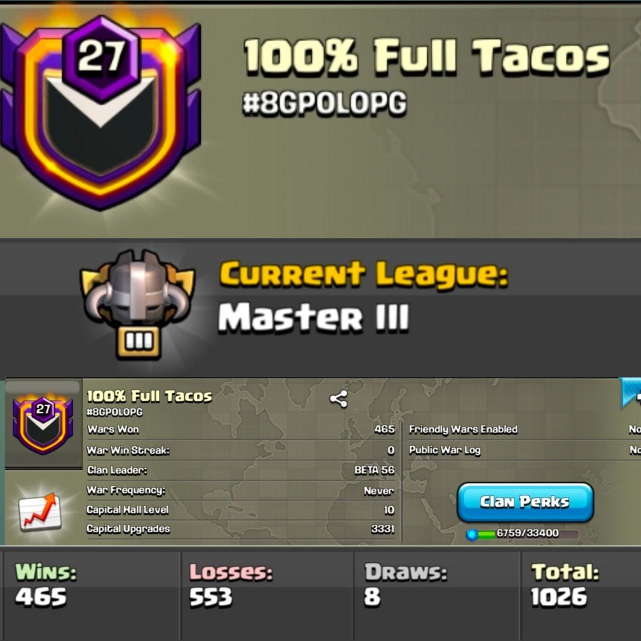 Level 27 clan || clan capital 10 maxed || master 3 || name - 100% Full Tacos