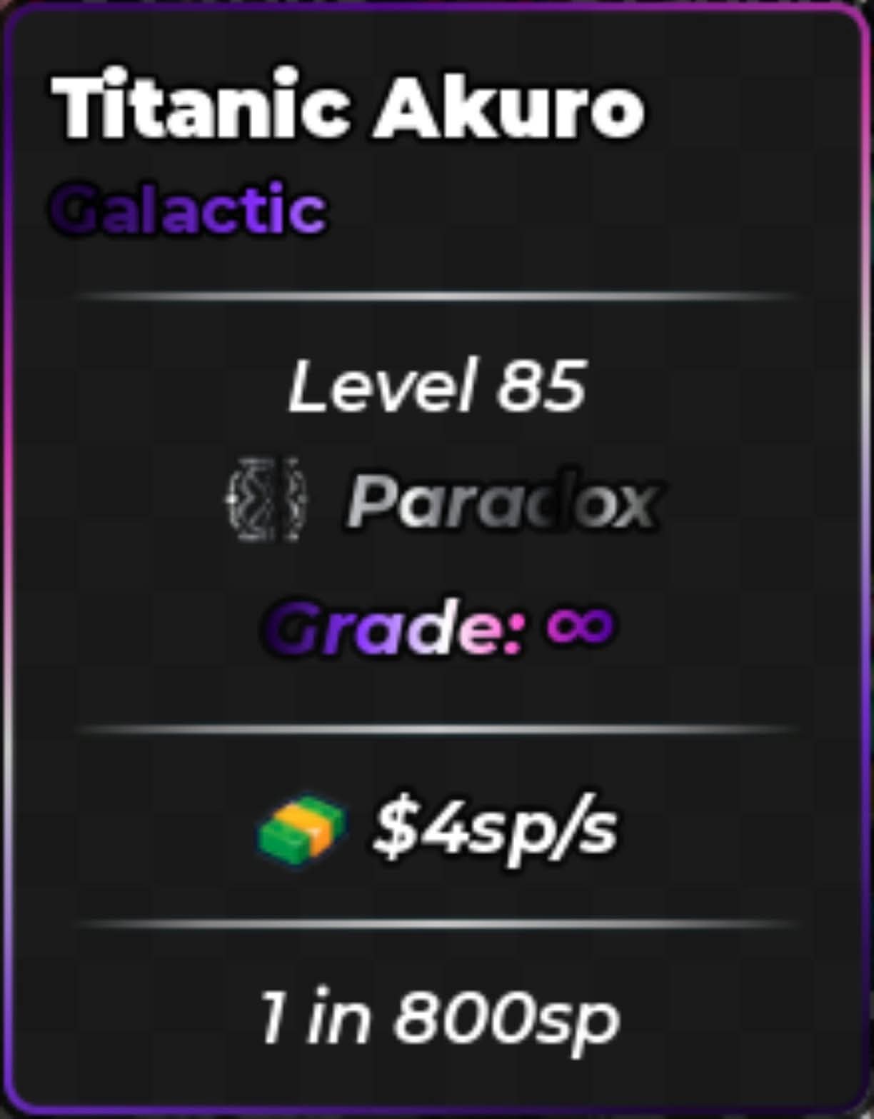 Anime Dice | Titanic Akuro | Galactic | Paradox | Infinite Grade | 4sp/s | 1 in 800sp sp | Top 1 Leaderboard