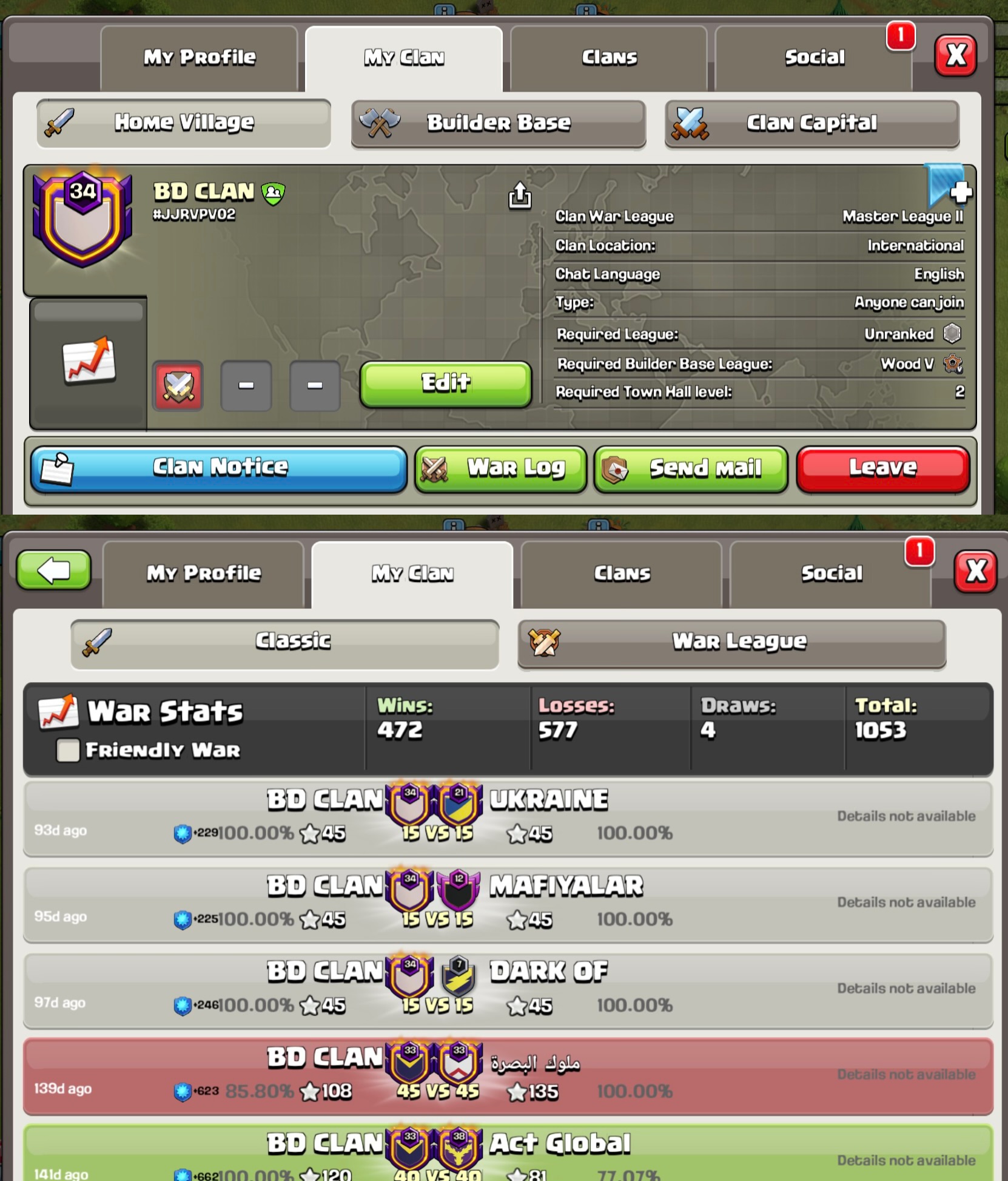 Clan level 34 🤯 Name : BD Clan ⭐️ Master League II ✅