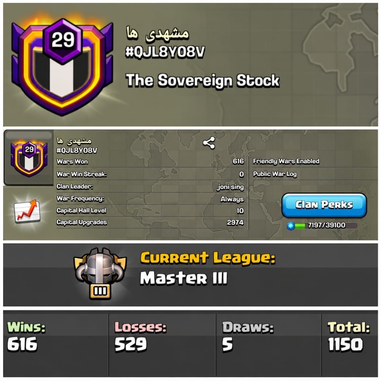 LvL 29 !! Arabic Name Clan !! Cwl: Master 3 !! Clan Capital 10 !! Warlog 616 Win 529 Loss !! Perks 7100:39100 !!