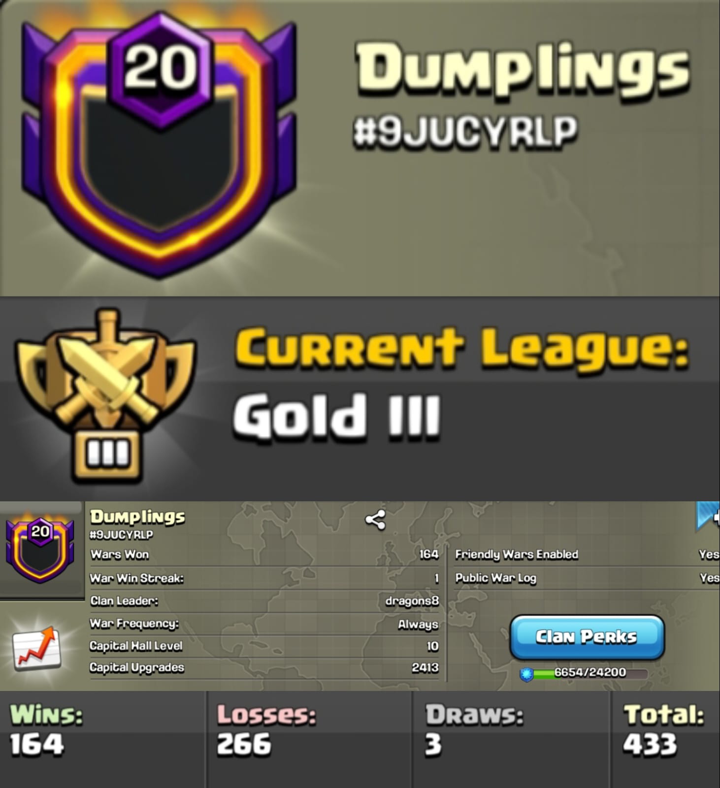 Level 20 clan || clan capital 10 || gold 3 || name - Dumplings