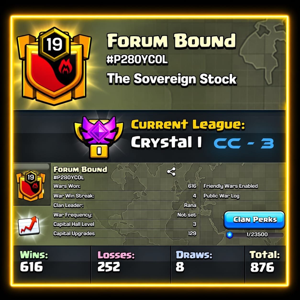 LvL 19 !! Forum Bound !! Usa Based Clan !! Greatest Warlog 616 Win 252 Loss !! Cwl: Crystal 1 !! Clan Capital 3 !! Best Deal Ever!!