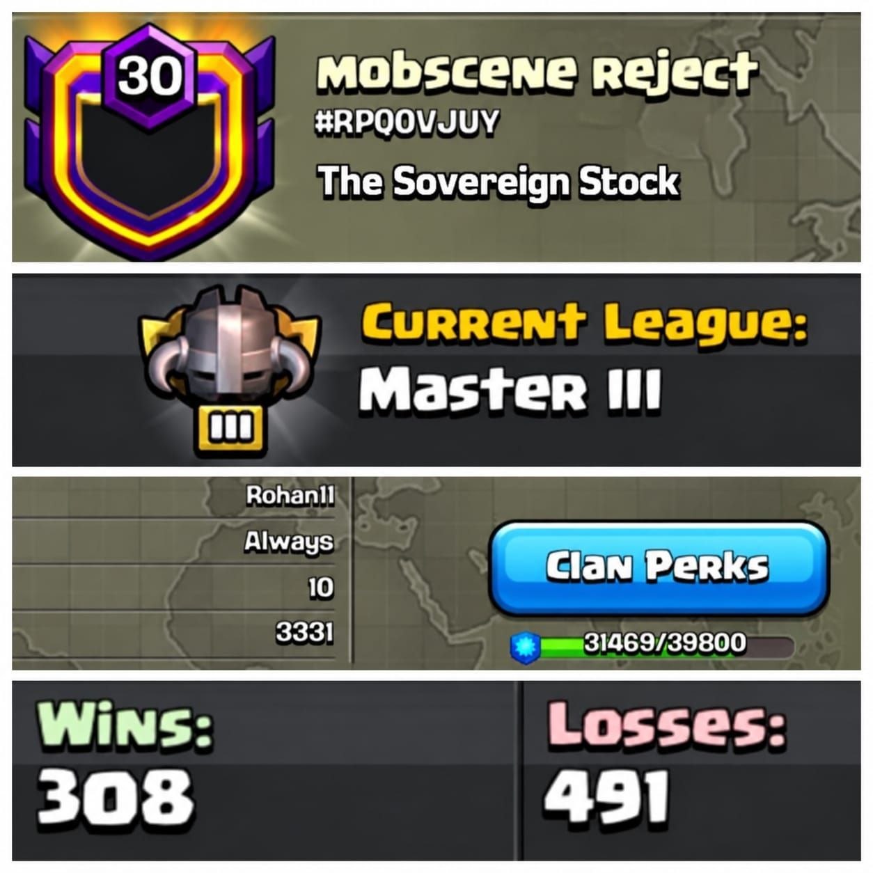 LvL: 30 !! Mobscene Reject !! Premium Clan !! Cwl: Master 3 !! Clan Capital 10 Full Max !! Warlog 308 Win 491 Loss !! Clan Perks 31400:39800 !!