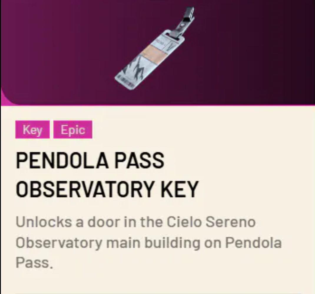 1*Pendola Pass Observatory Key