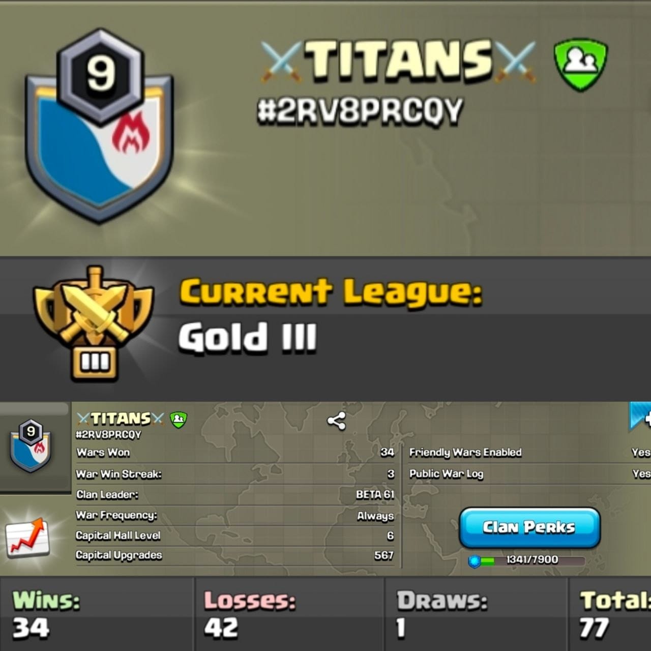 Level 9 clan || clan capital 6 || gold 3 || name - ⚔TITANS⚔