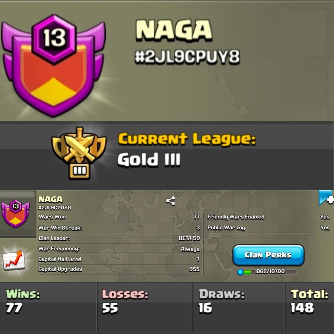Level 13 clan || clan capital 7 || gold 3 || warlog 77-55 || name - NAGA