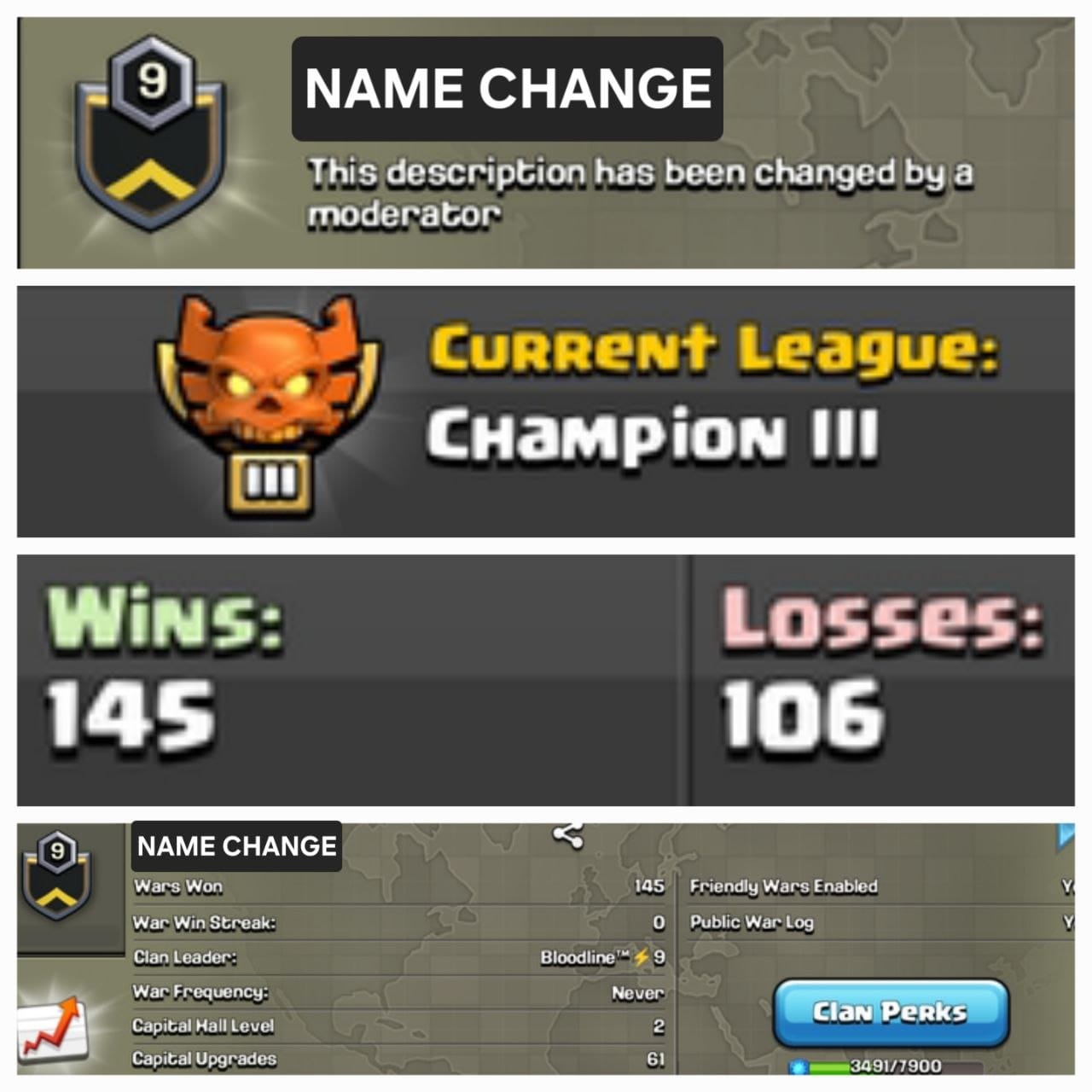 Level 9 name change clan || CHAMPION 3 || poitive warlog 145-106