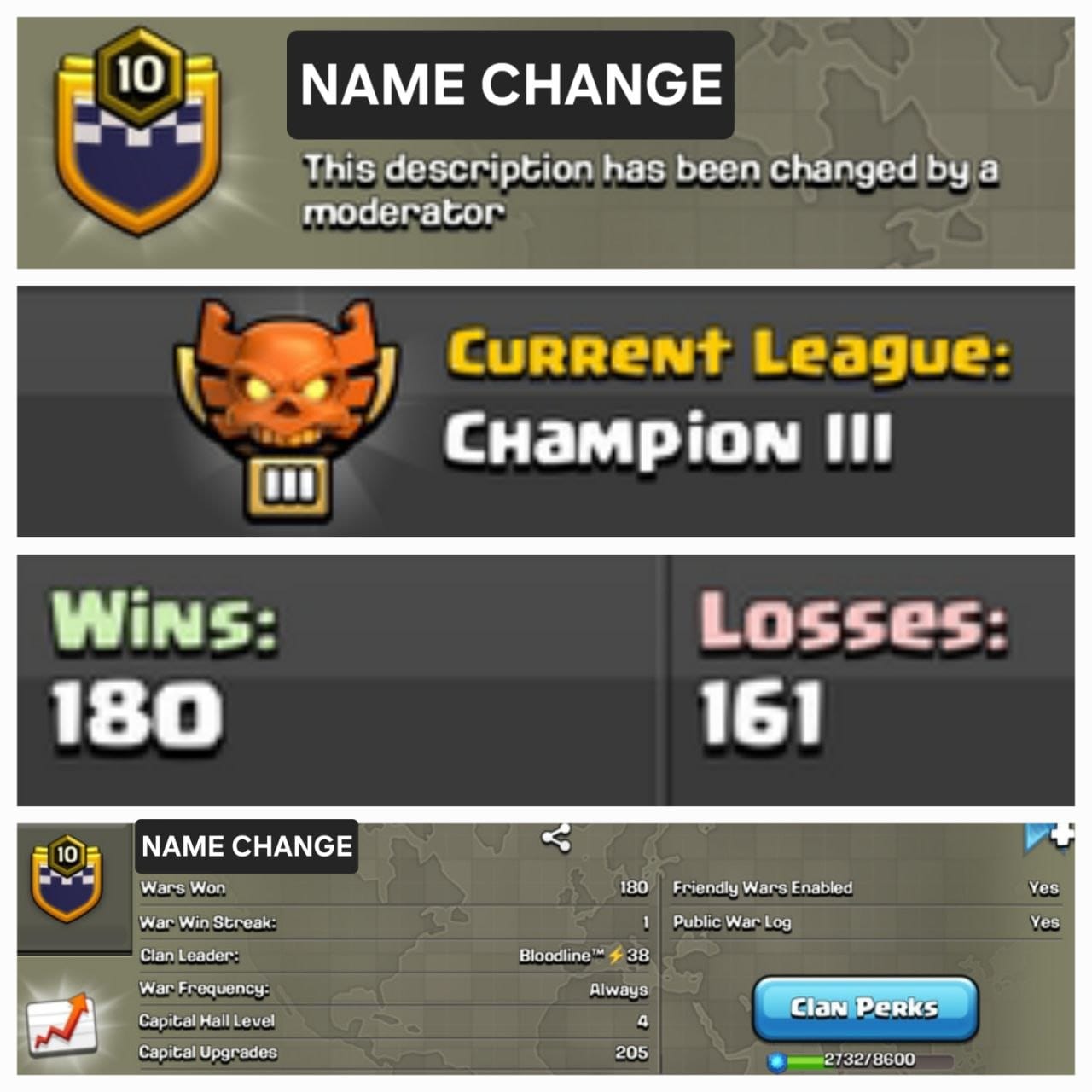 Level 10 name change clan || CHAMPION 3 || positive warlog 180-161