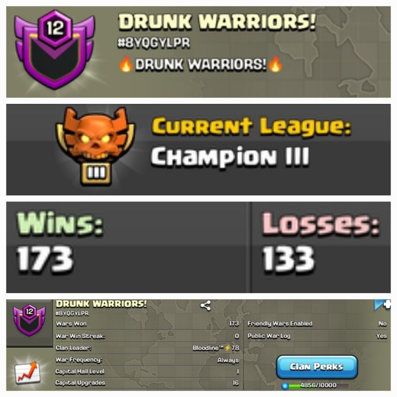 Level 12 clan || champion 3 || warlog 173-133 || name - DRUNK WARRIORS!