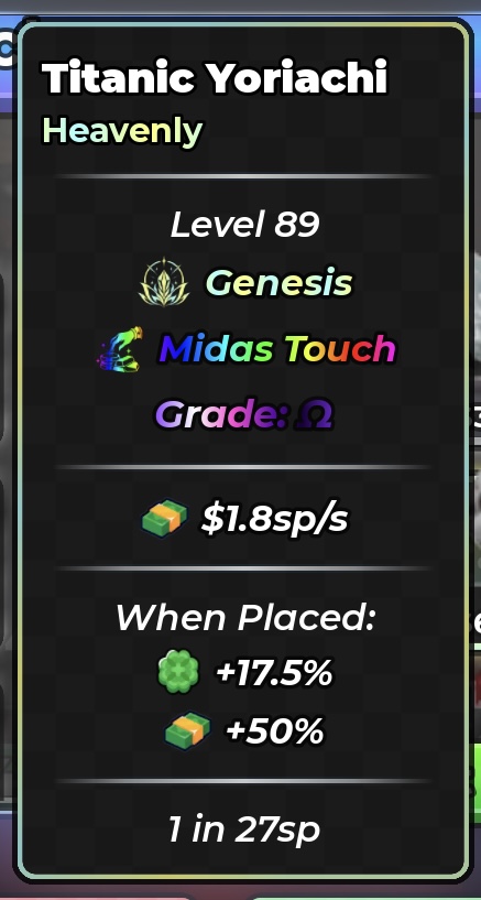 Anime Dice | Titanic Yoriachi | Heavenly | Genesis | Midas Touch | Omega Grade | 1.8sp/s | 1 in 27sp sp