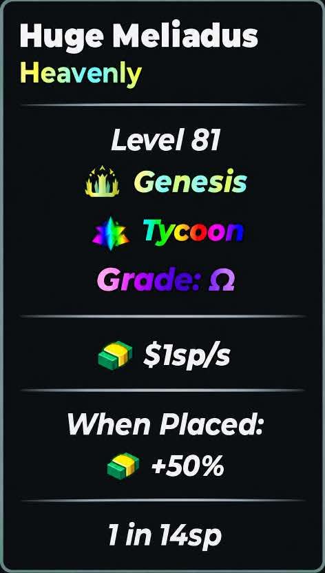 Anime Dice | Huge Meliadus | Heavenly | Genesis | Tycoon | Omega Grade | 1sp/s | 1 in 14sp sp