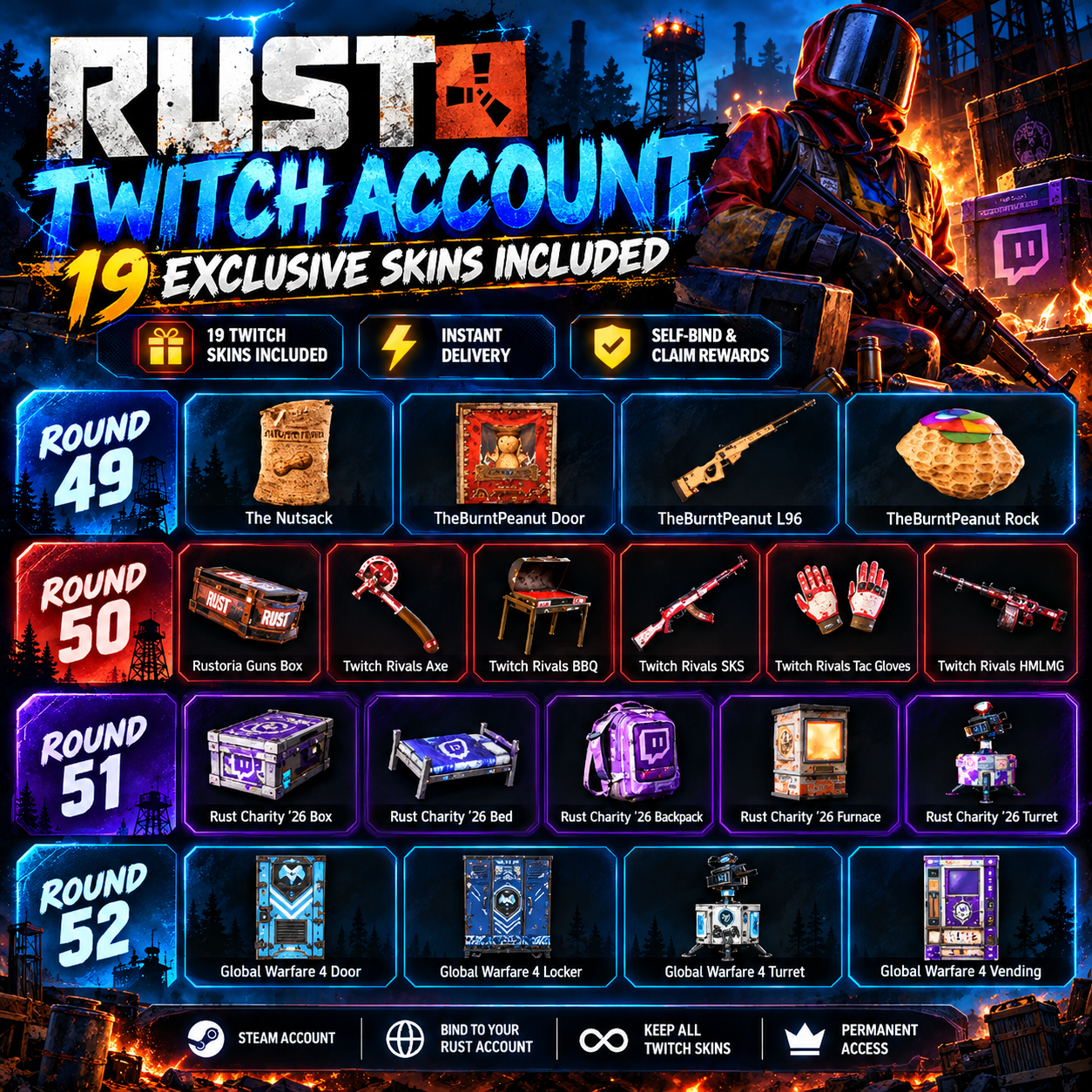 🔥 RUST TWITCH DROPS | 4-IN-1 BUNDLE 🎁 ROUNDS 49+50+51+52 | 19/19 EXCLUSIVE SKINS ✅ INSTANT DELIVERY