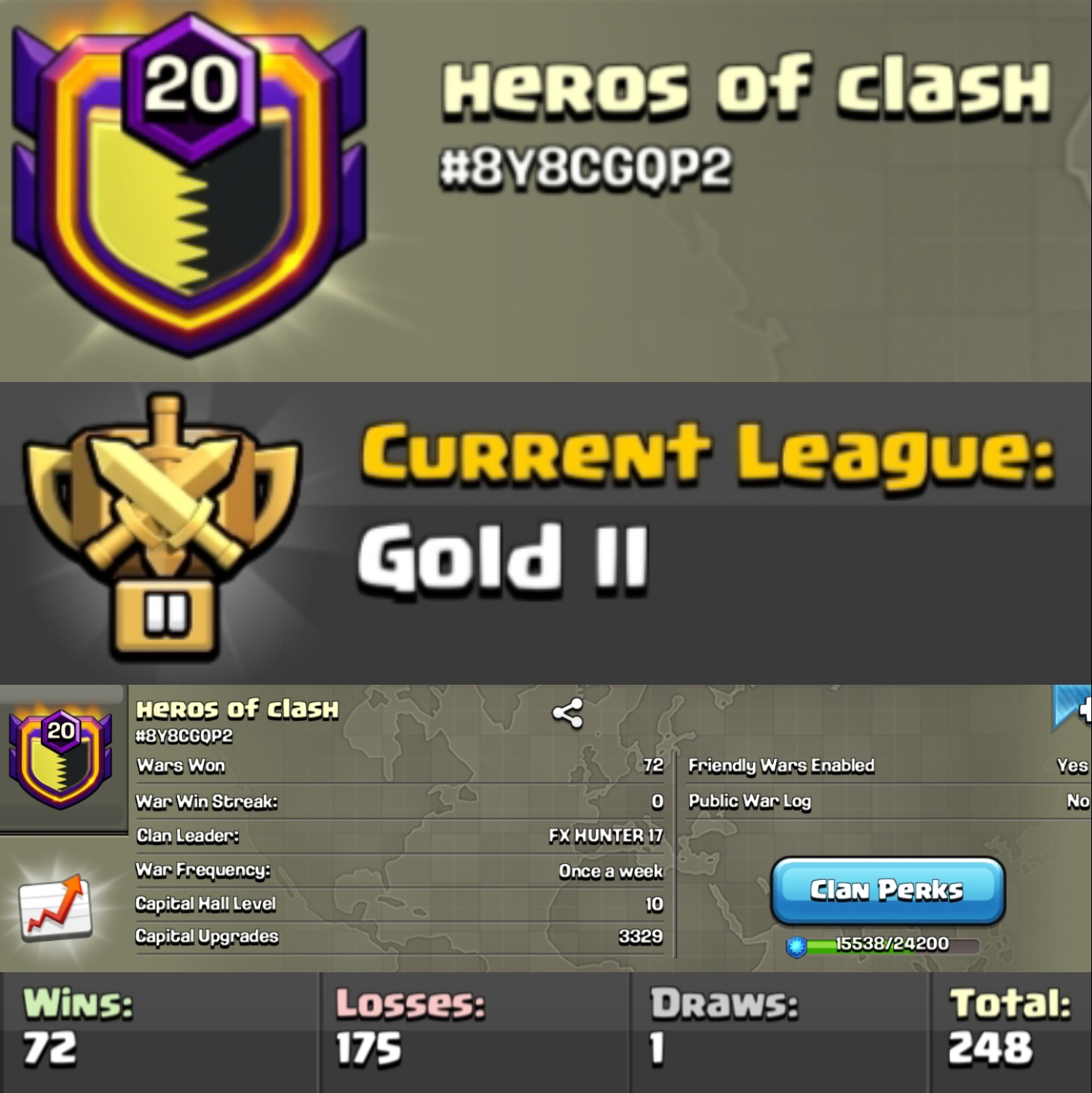 Level 20 clan || clan capital 10 || gold 2 || name - heros of clash