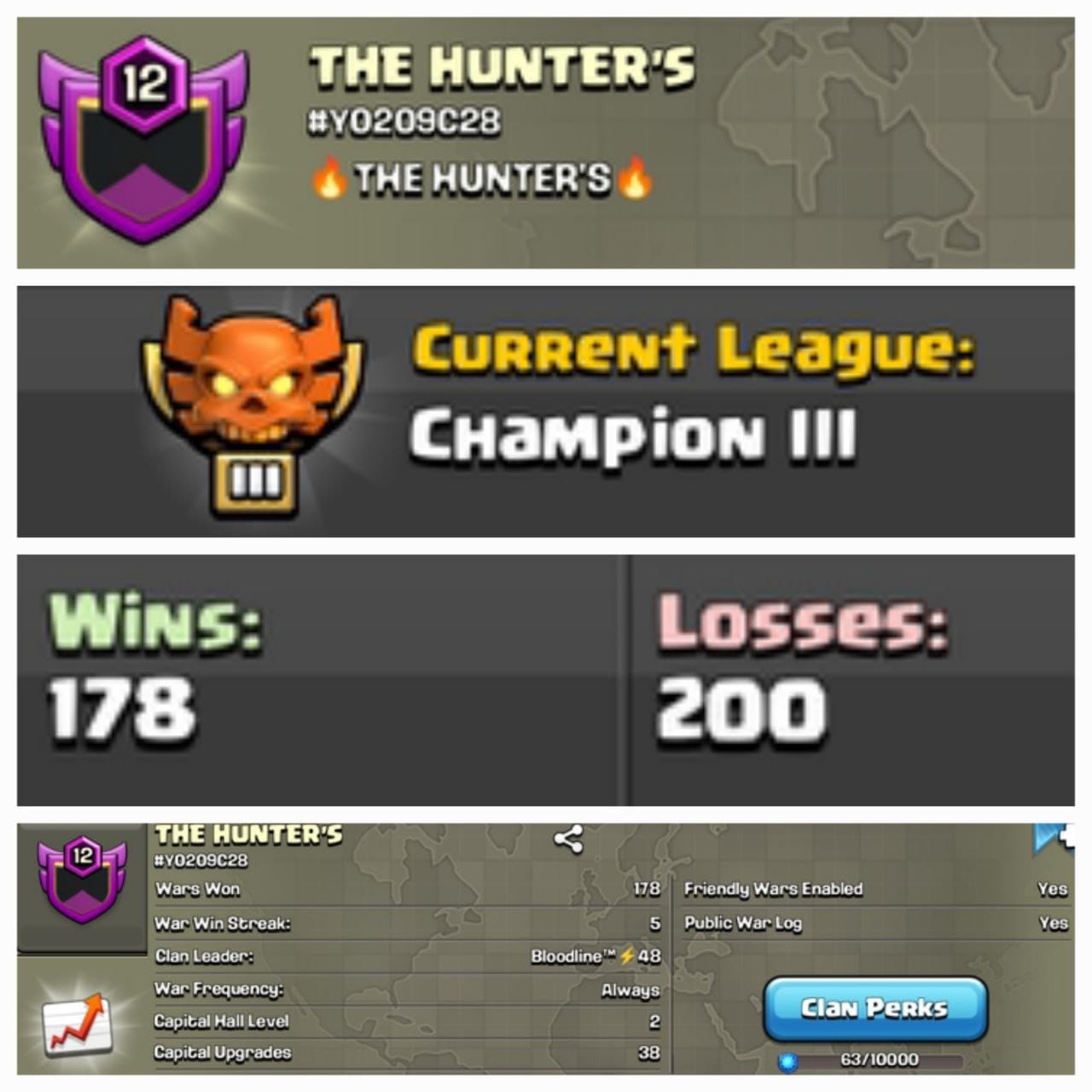 Level 12 clan || CHAMPION 3 || warlog 178-200 || name - THE HUNTER'S