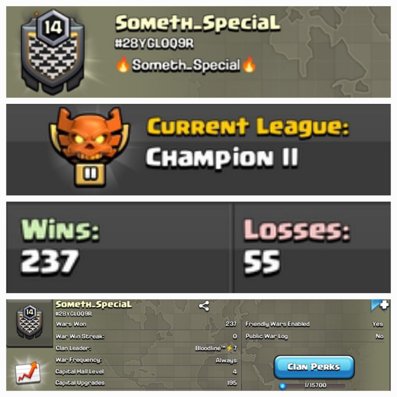 Level 14 clan || CHAMPION 2 || nice warlog 237-55 || name - Someth-SpeciaL