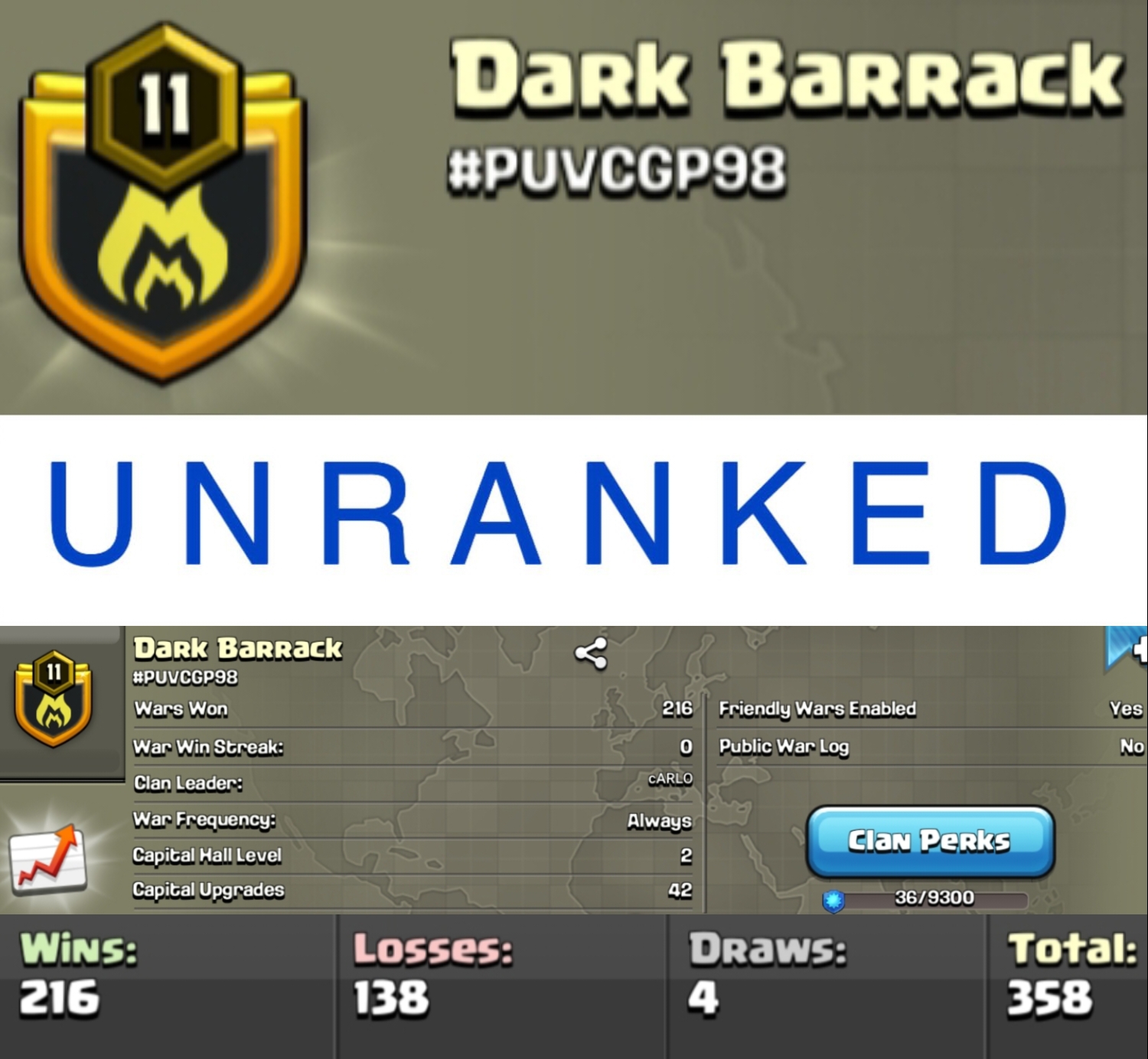 Level 11 unranked clan || positive warlog 216-138 || name - Dark Barrack