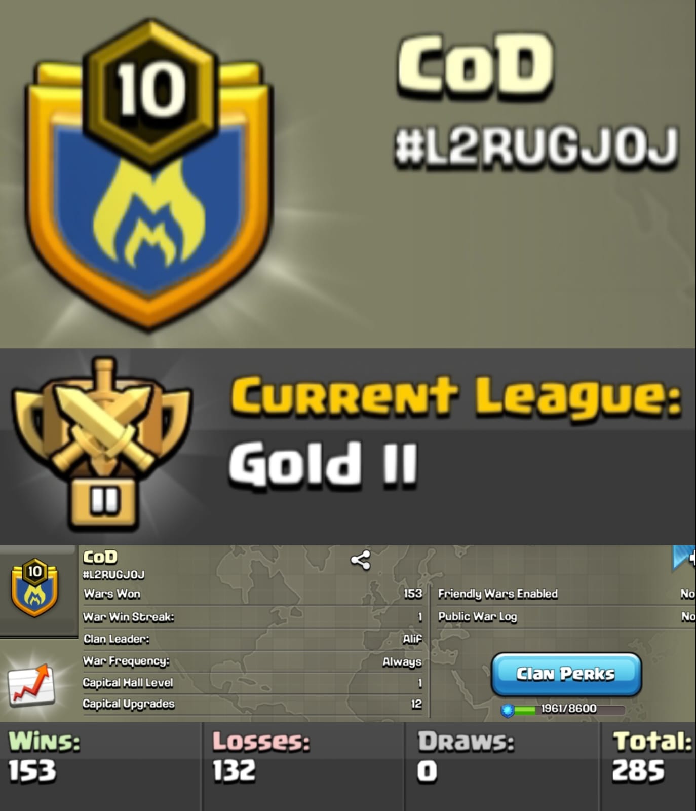 Level 10 clan || gold 2 || positive warlog 153-132 || short name - CoD