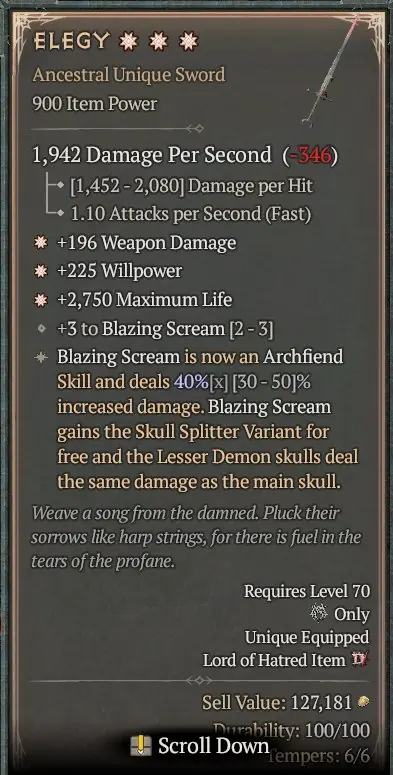 ✧･ﾟ:*✧ Diablo 4 Items - Elegy Weapon | Willpower + Crit. dmg + Blazing Scream | Best stats ✧･ﾟ:*✧ Clock's Ticking-Deal Clicking ✧･ﾟ:*✧