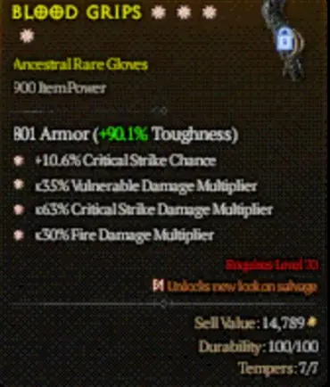 ✧・゚:*✧ Diablo 4 Rare Gloves - 4GA - Crit, Vuln, Fire Damage ✧・゚:*✧ Just Released ✧・゚:*✧