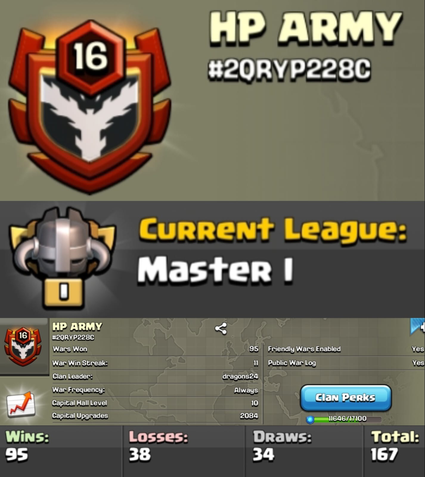 Level 16 clan || clan capital 10 || master 1 || warlog 95-38 || name - HP ARMY