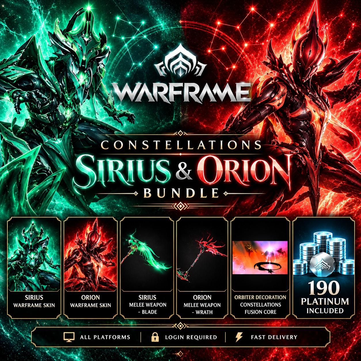 🔥 Constellations Sirius & Orion Bundle (190 Platinum Included) ⚔️ | 🎮 All Platforms | 🔒 Login Required – Warframe Top-Up