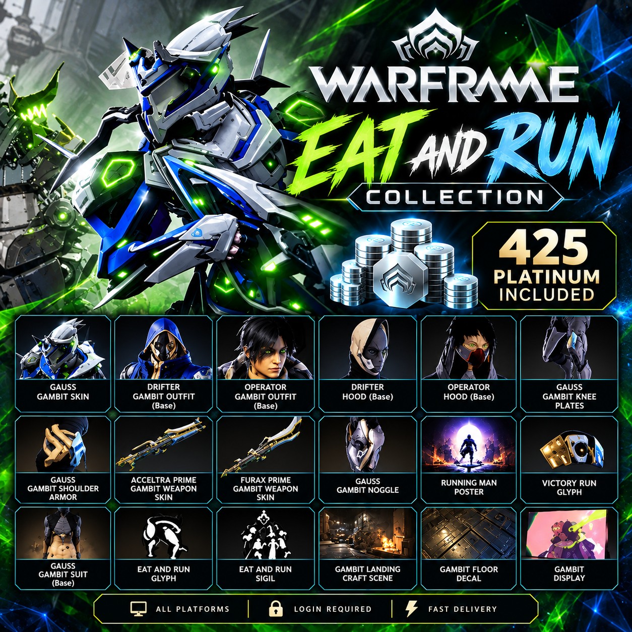 🔥 Eat and Run Collection (425 Platinum Included) ⚔️ | 🎮 All Platforms | 🔒 Login Required – Warframe Top-Up