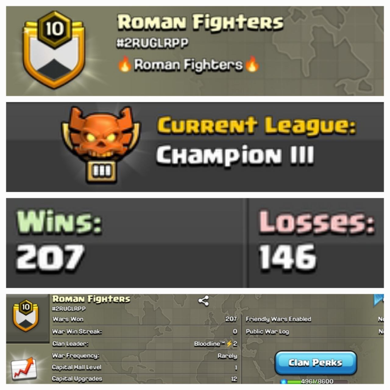 Level 10 clan || CHAMPION 3 || warlog 207-146 || name - Roman Fighters