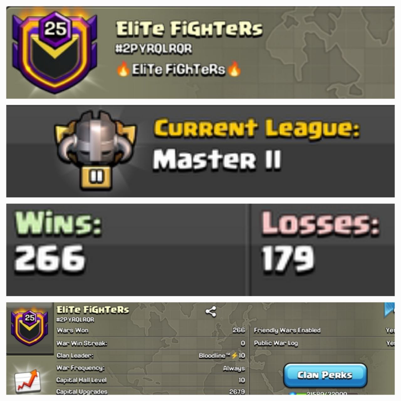 Level 25 clan || clan capital 10 || master 2 || warlog 266-179 || name - EliTe FiGhTeRs
