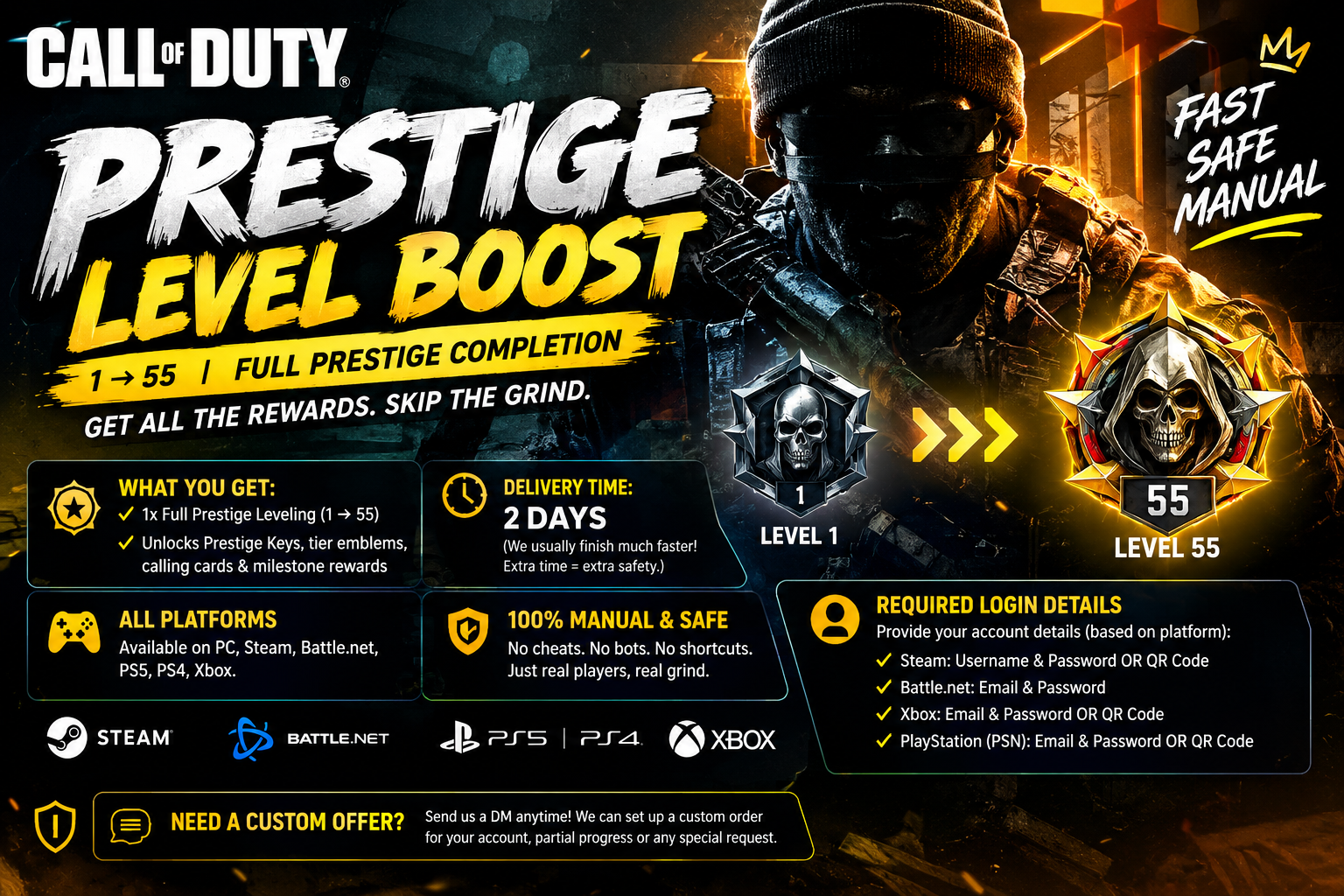 👑MW4 - 1x Full Prestige Rank Boost (55 Levels) | Fast 2 Days | Safe Service