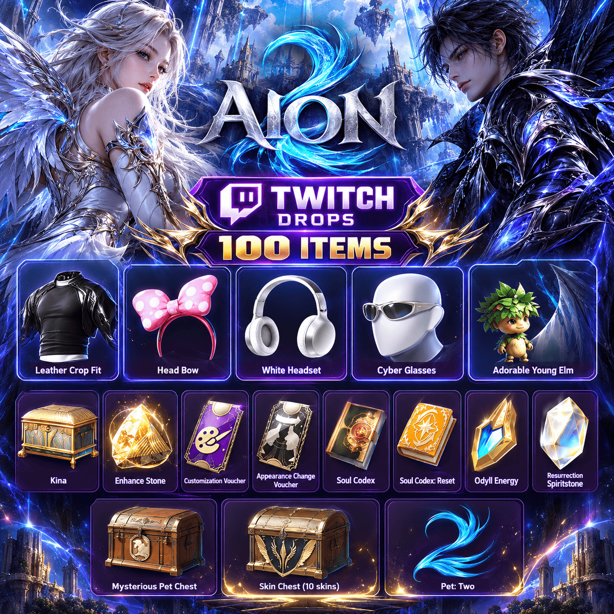 100 Items | Skins + Chests + Pet + 500K Kina + 10K Stone | Aion 2 Twitch Drops