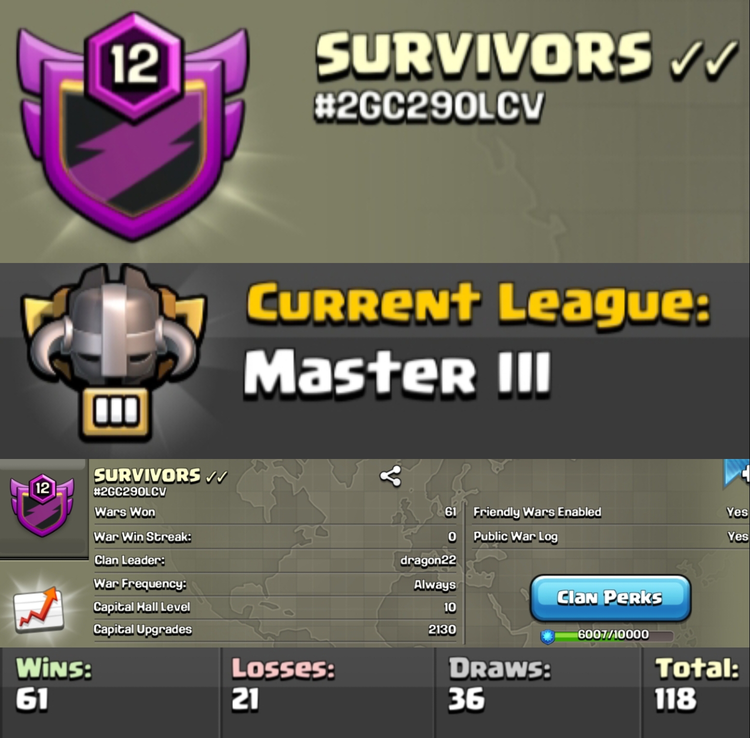 Level 12 clan || clan capital 10 || master 3 || warlog 61-21 || name - SURVIVORS