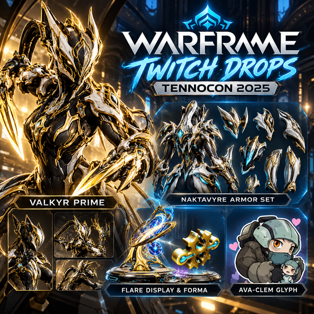 TennoCon 2025 | Valkyr Prime + Naktavyre Armor Set + Flare Display & Forma + Ava-Clem Glyph | Warframe Twitch Drops