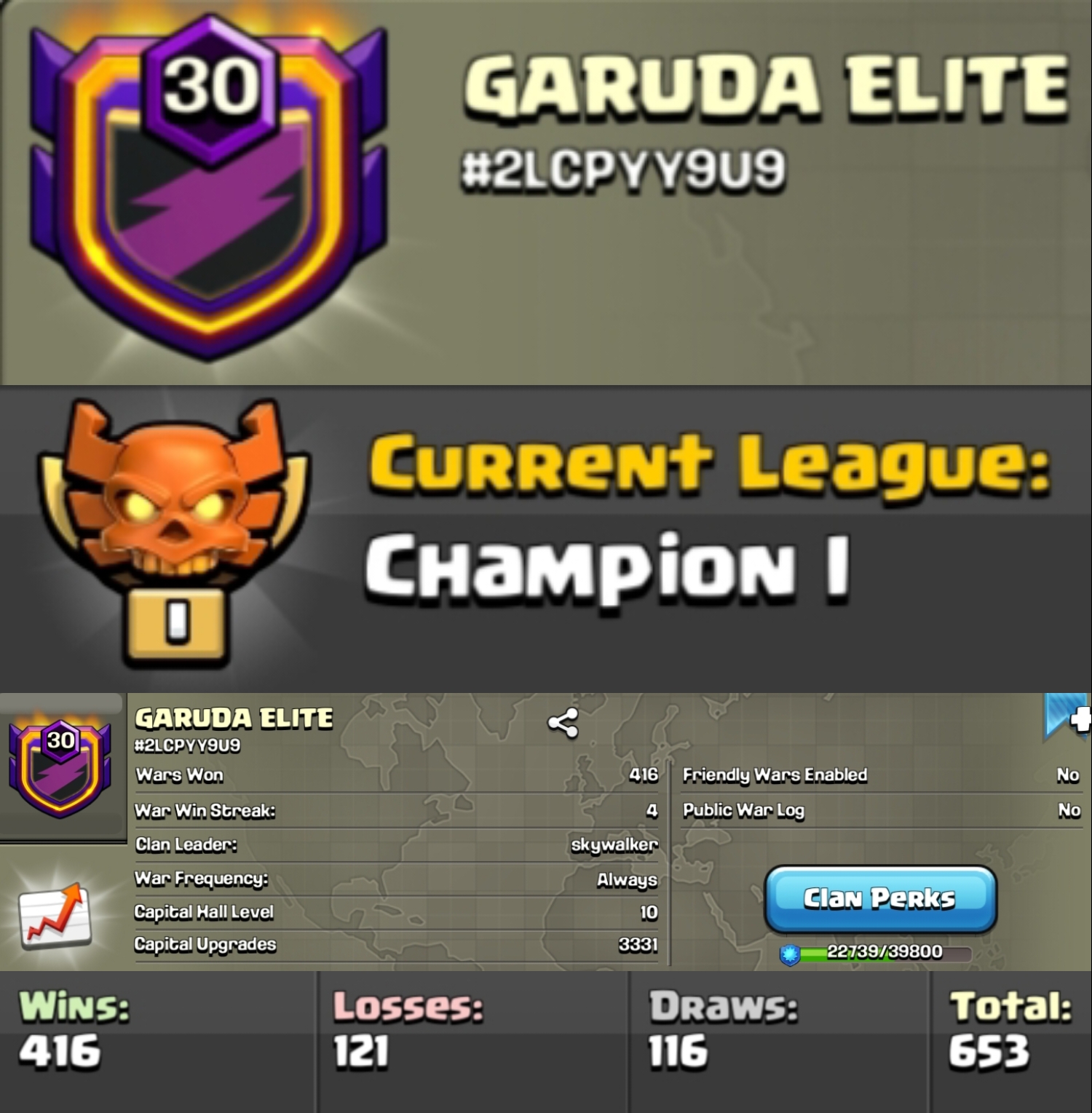 Level 30 clan || CHAMPION 1 || clan capital 10 maxed || positive warlog 416-121 || name - GARUDA ELITE