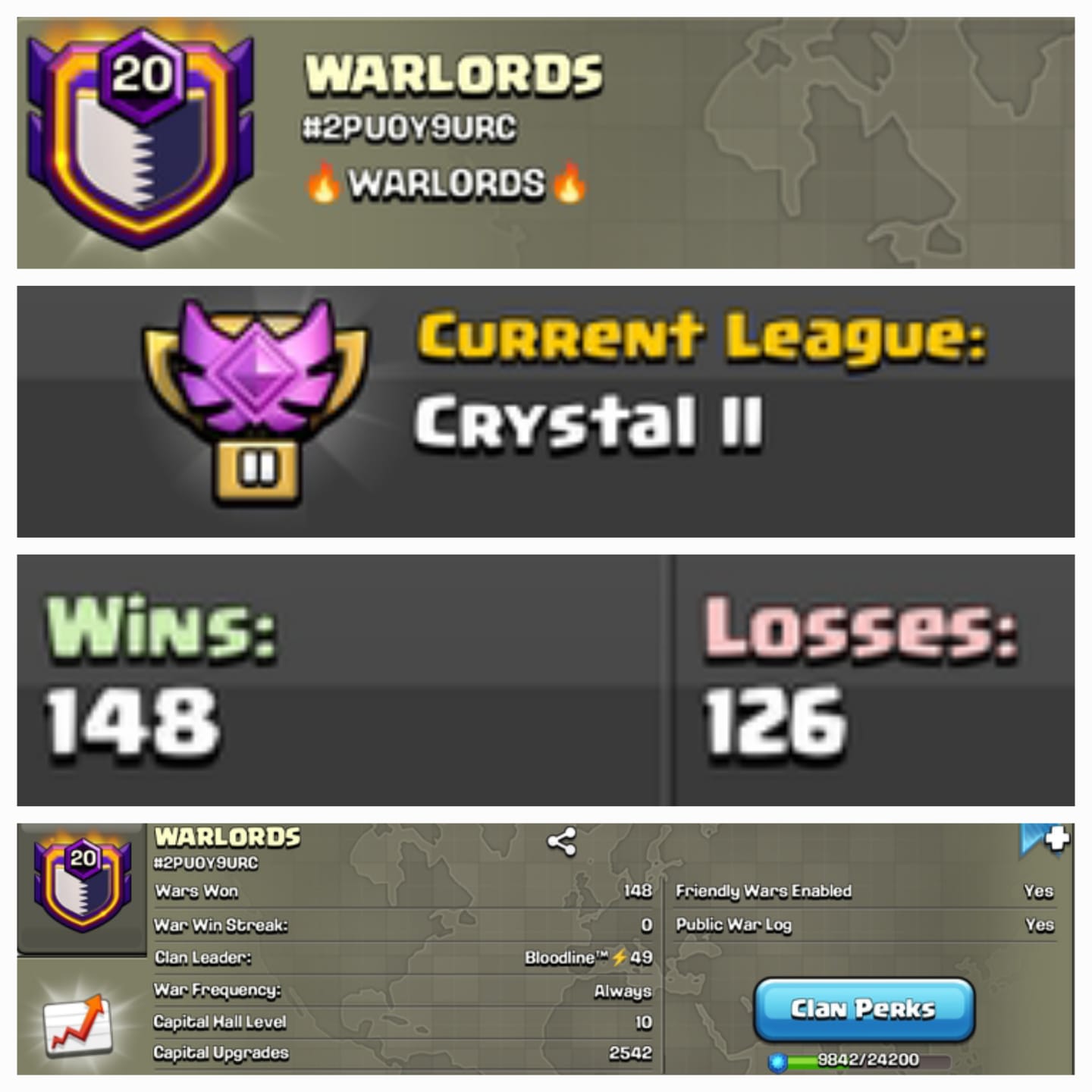 Level 20 clan || clan capital 10 || crystal 2 || warlog 148-126 || name - WARLORDS