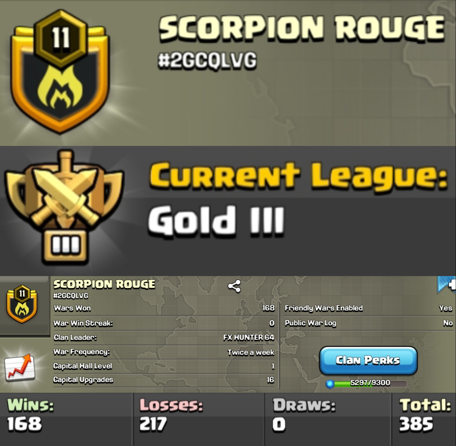 Level 11 clan || gold 3 || 7 digit tag || name - SCORPION ROUGE