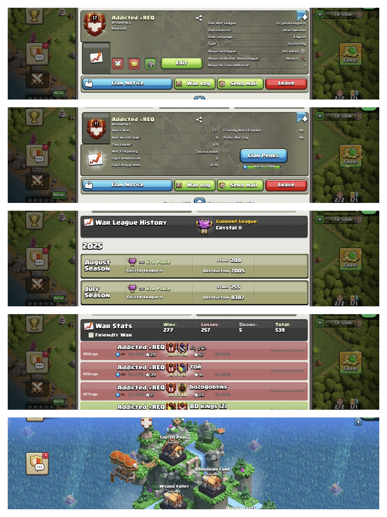 ➤CLAN LEVEL 17➤ CRYSTAL LEAGUE 2 ➤NAME: Addicted REQ ➤ RARE ENGLISH NAME ➤ CLAN CAPITAL 8 || WIN- 277 | LOSS- 257 ➤LOW PRICE