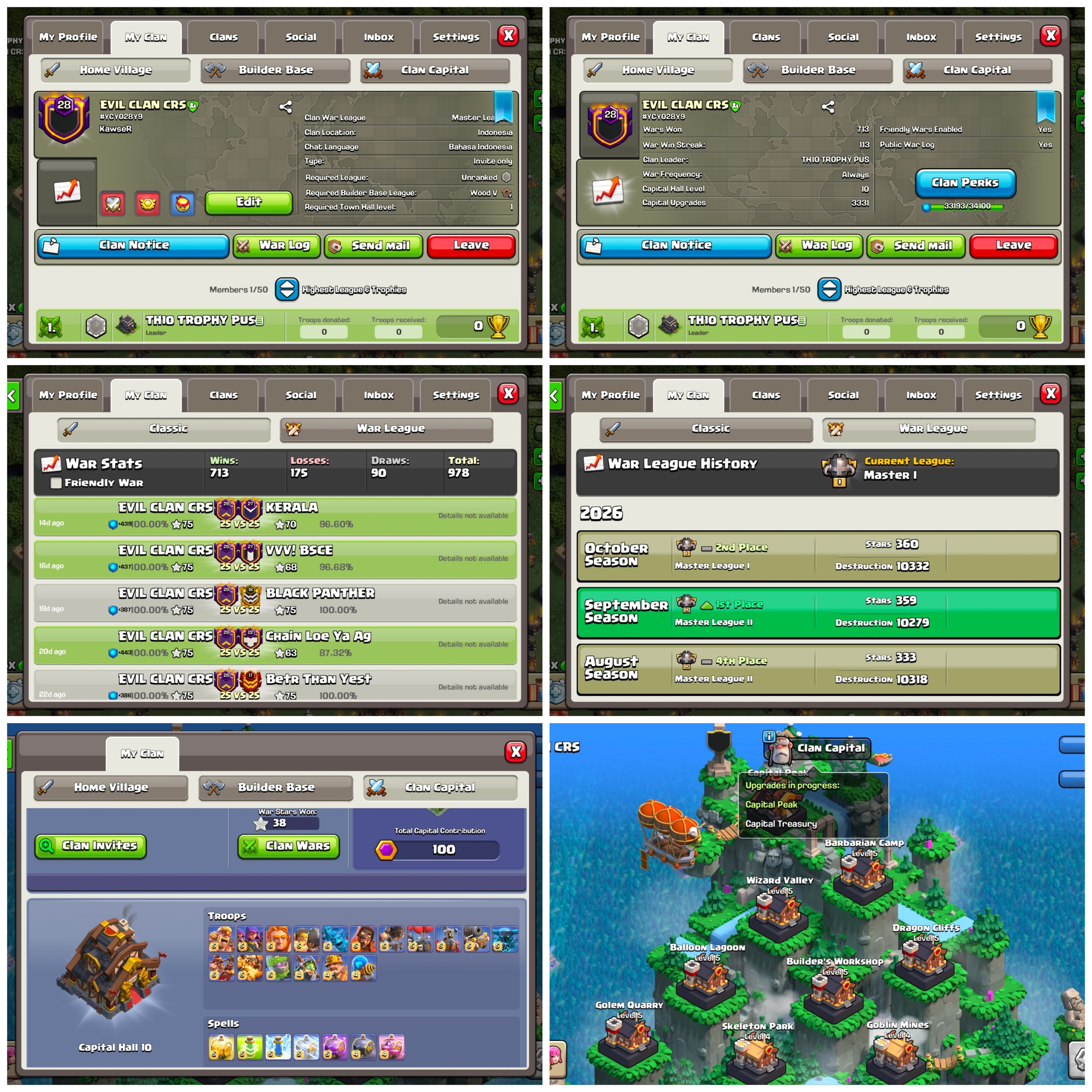 CU-3331 ➤CLAN LEVEL 28➤113 STREAK'S ➤MASTER LEAGUE 1 ➤NAME: EVIL CLAN CRS ➤ RARE ENGLISH NAME ➤4:1 RATIO ➤ CLAN CAPITAL 10 || WIN- 713 | LOSS- 175 ➤LOW PRICE