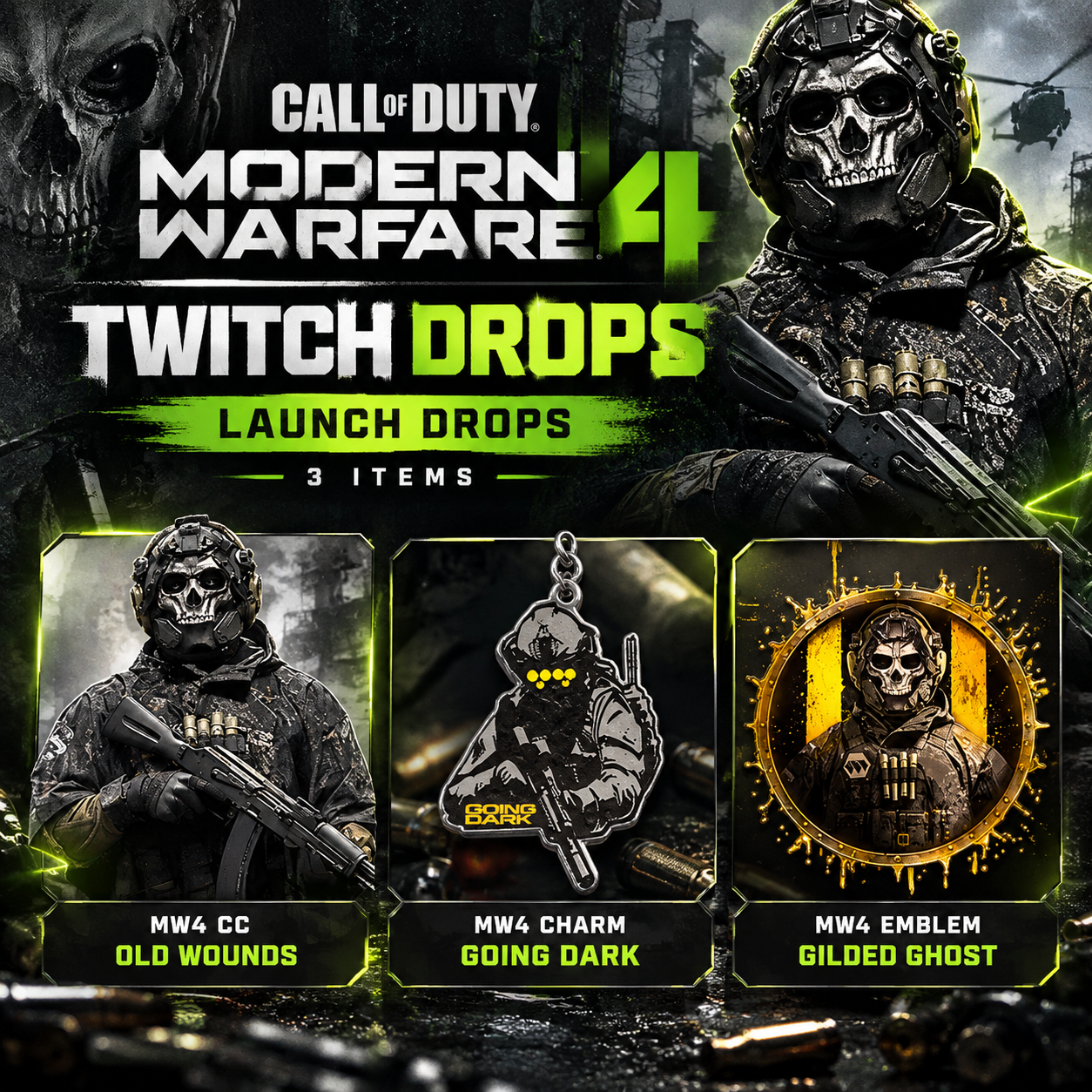 3 Item | MW4 CC - Old Wounds + MW4 Charm - Going Dark + MW4 Emblem - Gilded Ghost | Call of Duty: Modern Warfare 4 Twitch Drops