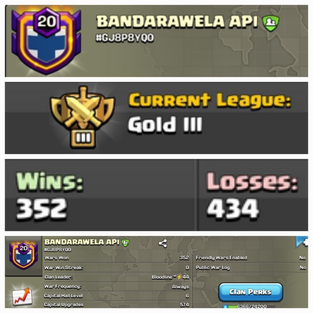 Level 20 clan || clan capital 6 || gold 3 || name - BANDARAWELA API