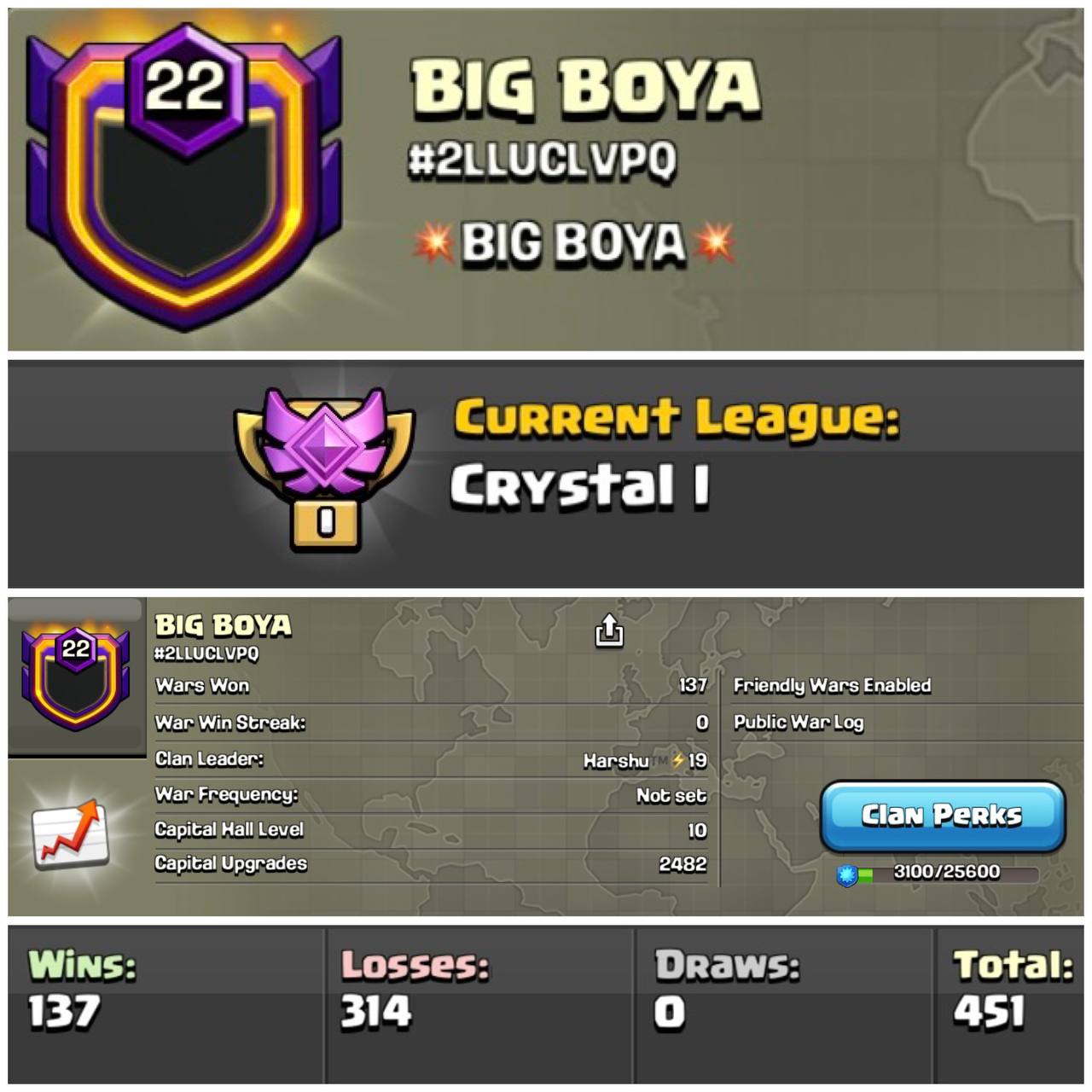 Level 22 clan || clan capital 10 || crystal 1 || name - BIG BOYA