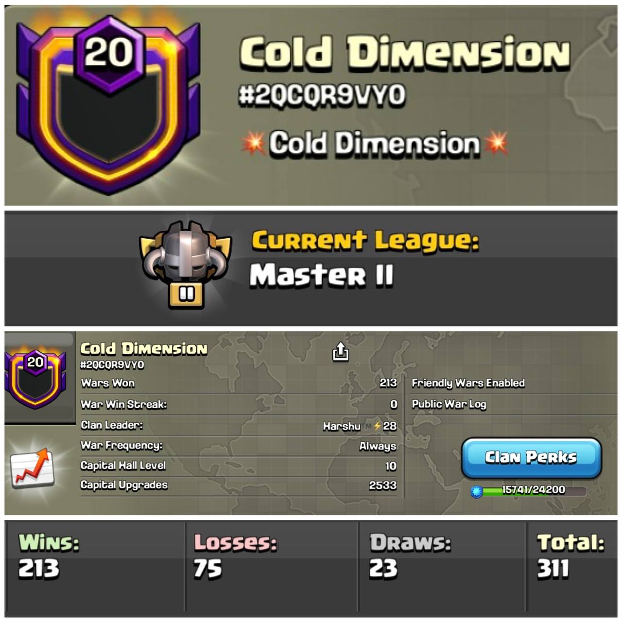 Level 20 clan || clan capital 10 || master 2 || warlog 213-75 || name - Cold Dimension