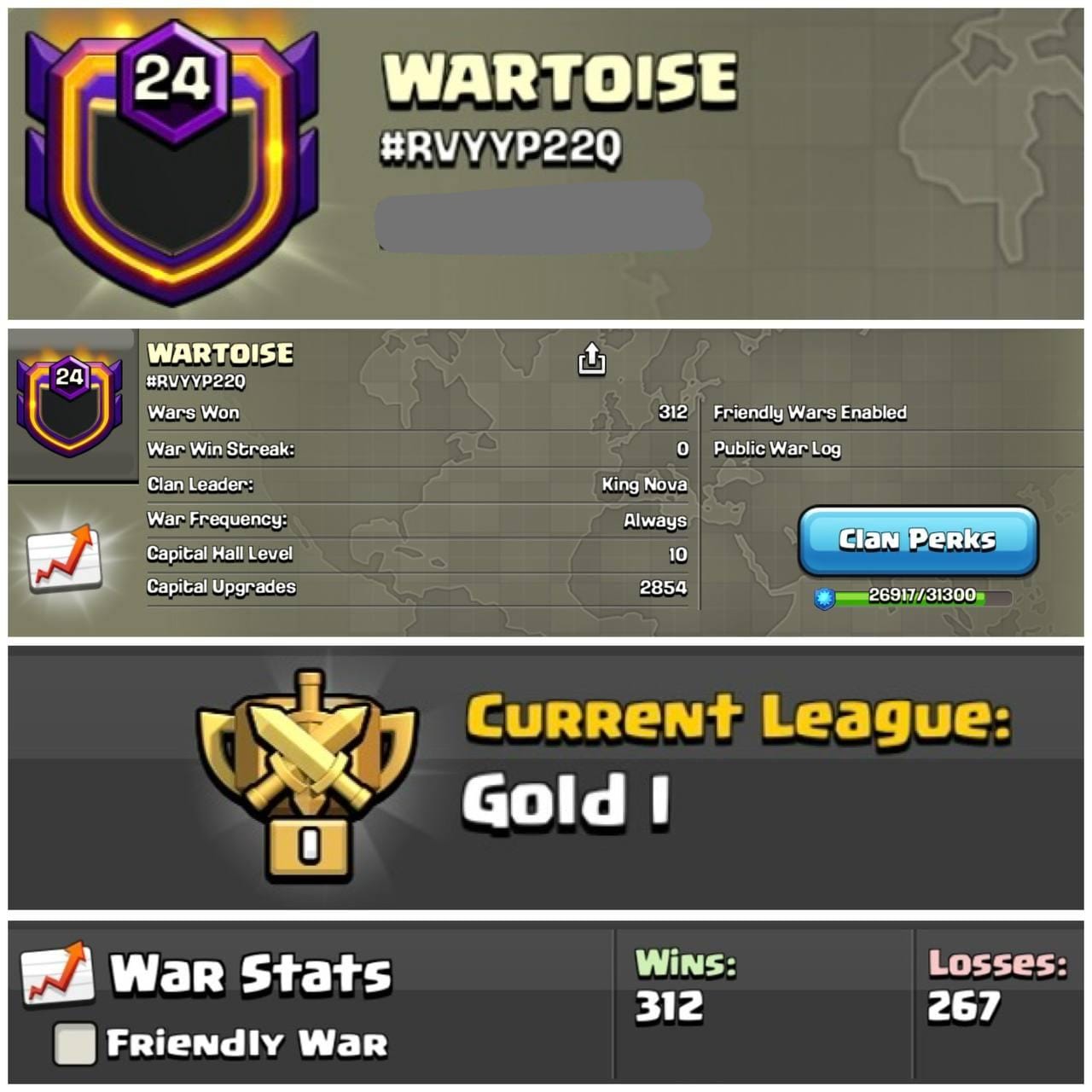 Level 24 clan || clan capital 10 || gold 1 || warlog 312-267 || name - WARTOISE