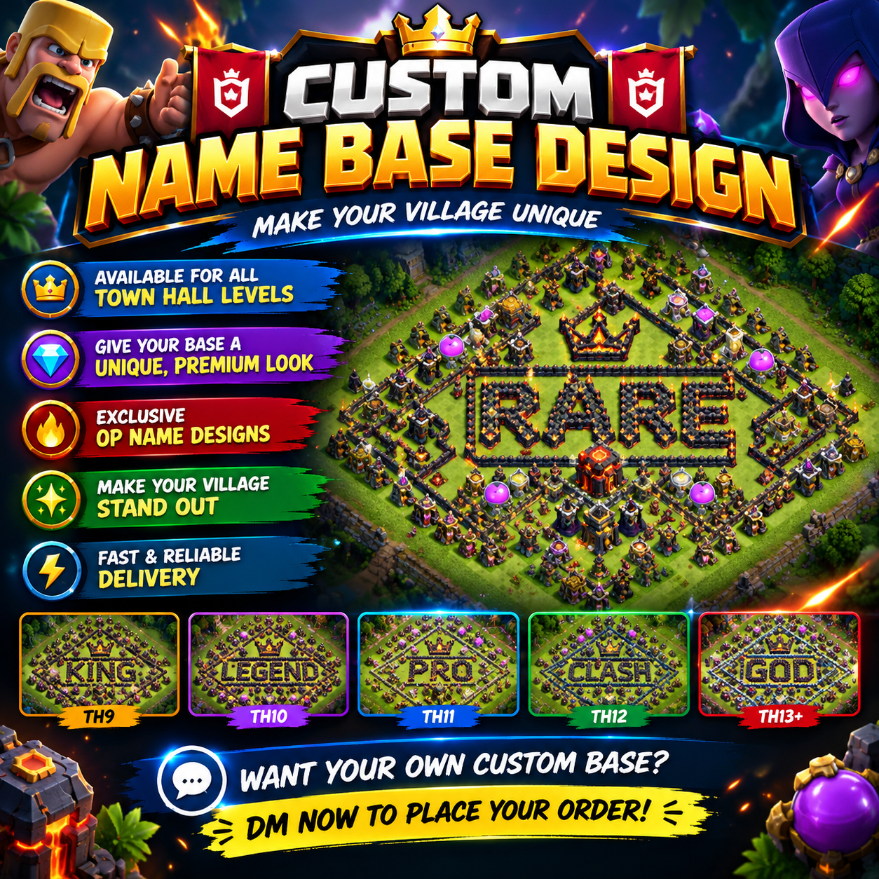 👑 CUSTOM NAME BASE DESIGN 👑
🔺 AVAILABLE FOR ALL TOWN HALL LEVELS
💎 GIVE YOUR BASE A UNIQUE, PREMIUM LOOK
🔥 EXCLUSIVE OP NAME DESIGNS
✨ MAKE YOUR VILLAGE STAND OUT
🚀 FAST & RELIABLE DELIVERY
