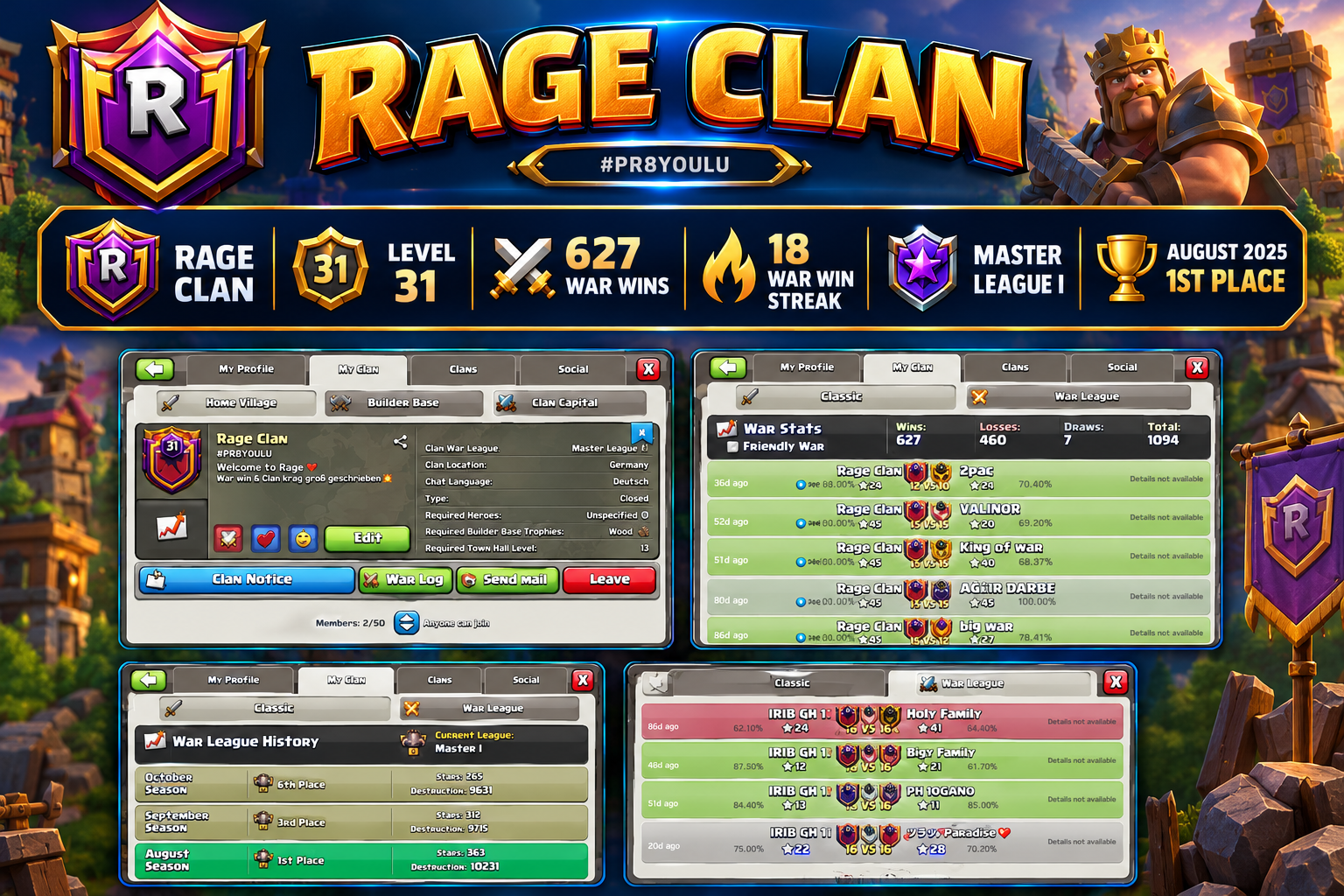 Exclusive Clan for Sale ⚡️➤【⚡️Name: Rage ⚡️】⚡️➤Level-31📌➤CWL: Master-I 🔥➤Capital Hall-10➤Instant & Same Clan Delivery