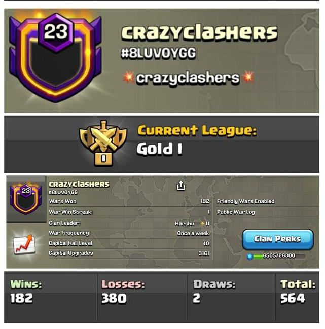 Level 23 clan || clan capital 10 || gold 1 || name - crazyclashers