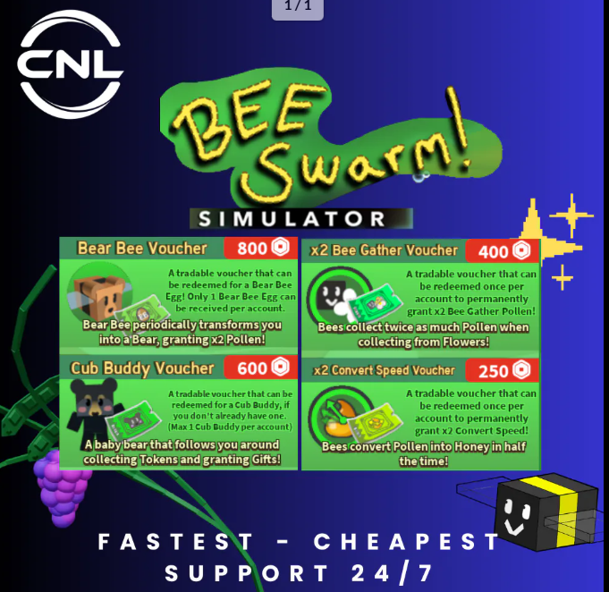 Bee Swarm Simulator > All Vouchers Bundle : Bear Bee Voucher| Cub Buddy Voucher | x2 Bee Gather Voucher | x2 Convert Speed ​​Voucher