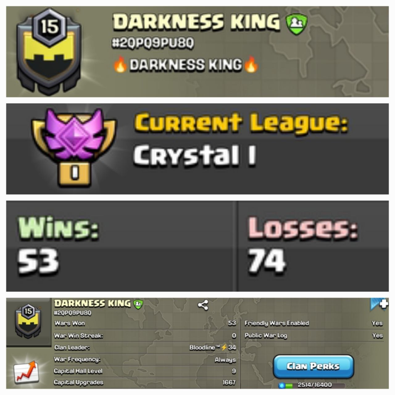 Level 15 clan || clan capital 9 || crystal 1 || name - DARKNESS KING