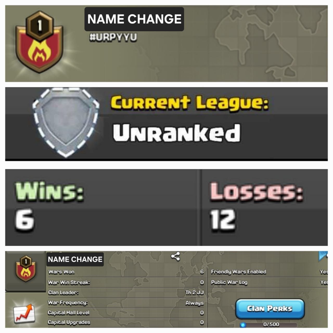 Rare 6 digit tag name change clan || level 1 unranked || warlog 6-12